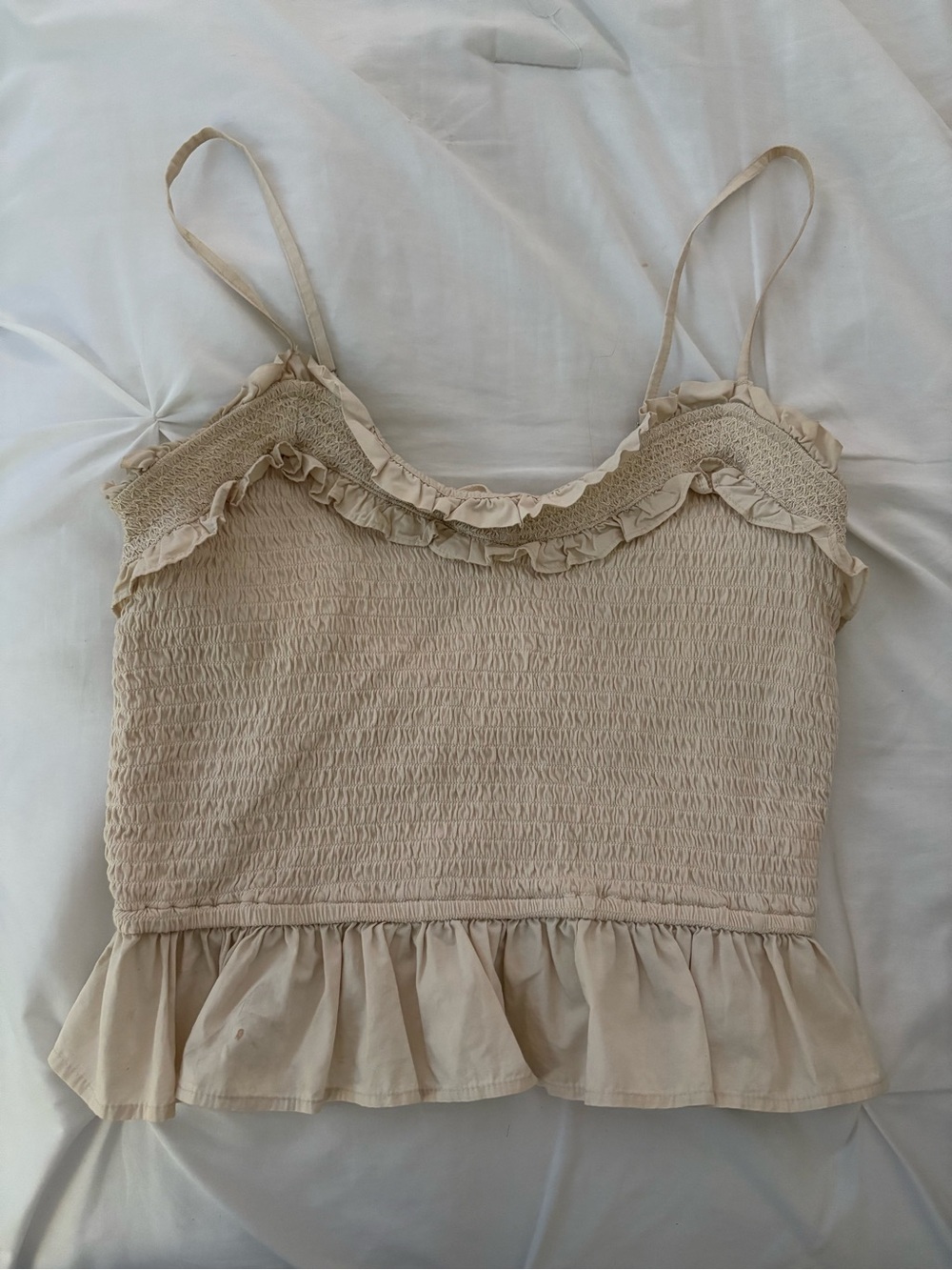 Smocked Ruffle Cami Tank in Light Beige